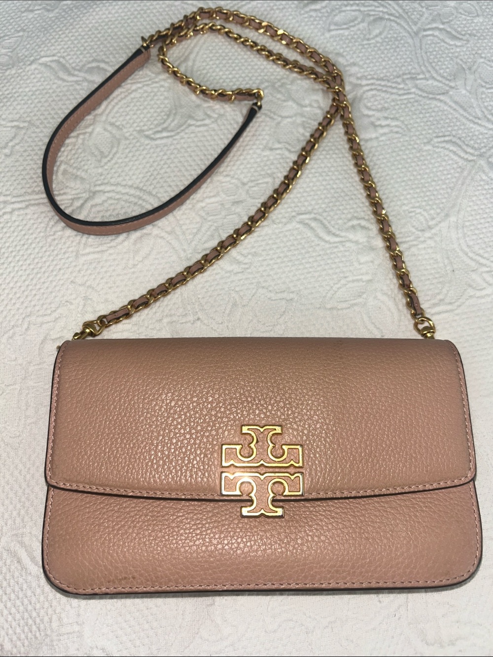 Tory Burch Britten Pebbled Leather Crossbody in Blush Pink with Gold Hardware